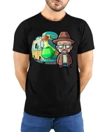 Funny Chemistry RV Cartoon Science Teacher T-Shirt Tee - model wearing black tee with hands behind back
