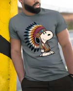 Cute Dog Native American Headdress Cartoon T-Shirt Tee - model wearing grey tee, leaning on column