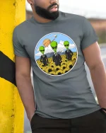 Funny Alien Agents Sunflower Field UFO Sci-Fi T-Shirt Tee - model wearing grey tee, leaning on column