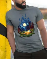 Moonlight Forest Camping Campfire Nature T-Shirt Graphic Tee - model wearing grey tee, leaning on column