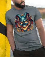 Demonic Skull Dragon Flames Gothic Horror T-Shirt Tee - model wearing grey tee, leaning on column