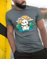 Cute Bunny Weightlifting Gym Fitness Cartoon T-Shirt Tee - model wearing grey tee, leaning on column