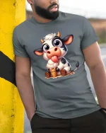 Cute Cow Eating Ice Cream Funny Farm Animal T-Shirt Tee - model wearing grey tee, leaning on column