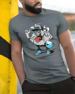 Funny Science Lab Chemist Cartoon Chemistry T-Shirt Tee - model wearing grey tee, leaning on column