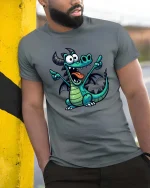 Funny Cartoon Dragon Cute Fantasy Creature T-Shirt Tee - model wearing grey tee, leaning on column