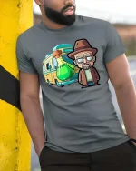 Funny Chemistry RV Cartoon Science Teacher T-Shirt Tee - model wearing grey tee, leaning on column