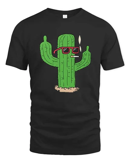 Cool Smoking Cactus T-Shirt Funny Desert Cartoon Graphic Tee - black t-shirt on white background