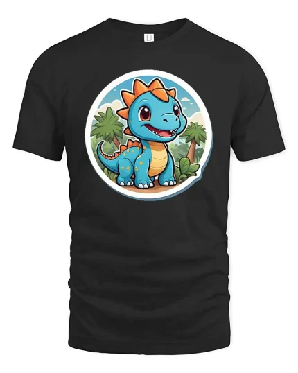 Cute Baby Dinosaur T-Shirt Cartoon Dino Jungle Graphic Tee - black t-shirt on white background