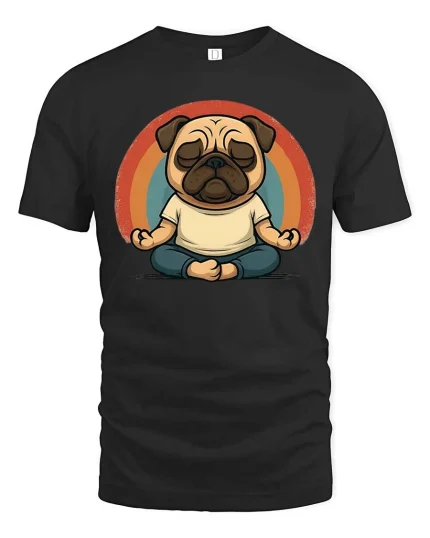 Funny Meditating Pug T-Shirt Cute Yoga Dog Retro Graphic - black t-shirt on white background