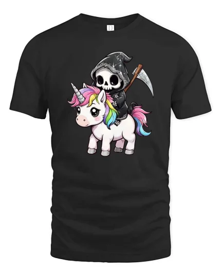 Funny Grim Reaper Unicorn T-Shirt Cute Dark Fantasy Tee - black t-shirt on white background
