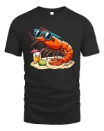 Cool Shrimp Beach T-Shirt Funny Summer Seafood Graphic Tee - black t-shirt on white background