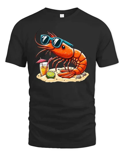 Cool Shrimp Beach T-Shirt Funny Summer Seafood Graphic Tee - black t-shirt on white background