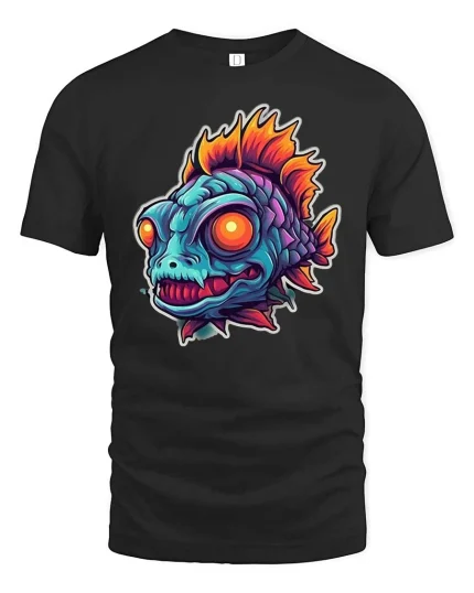 Neon Monster Fish T-Shirt Colorful Deep Sea Creature Tee - black t-shirt on white background