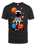 Cute Astronaut Sitting on Planets T-Shirt Space Graphic Tee - black t-shirt on white background