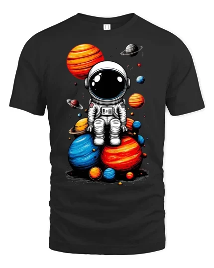 Cute Astronaut Sitting on Planets T-Shirt Space Graphic Tee - black t-shirt on white background