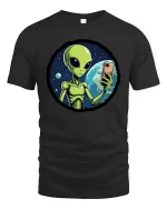 Funny Alien Selfie T-Shirt UFO Space Humor Graphic Tee - black t-shirt on white background