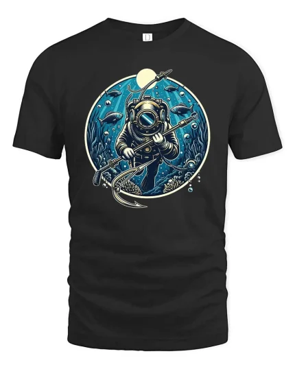 Vintage Deep Sea Diver T-Shirt Underwater Ocean Graphic Tee - black t-shirt on white background