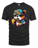 Funny Bear Eating Ramen T-Shirt Cool Panda Noodles Graphic - black t-shirt on white background