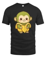 Cute Monkey Banana T-Shirt Funny Cartoon Animal Graphic Tee - black t-shirt on white background