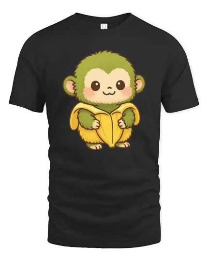 Cute Monkey Banana T-Shirt Funny Cartoon Animal Graphic Tee - black t-shirt on white background