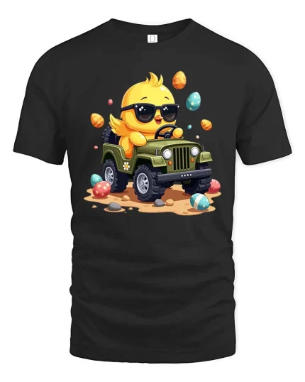 Cute Chick Driving Jeep T-Shirt Funny Easter Cartoon Graphic - black t-shirt on white background