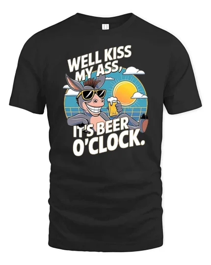 Funny Donkey Beer OClock T-Shirt Cartoon Drinking Humor Tee - black t-shirt on white background