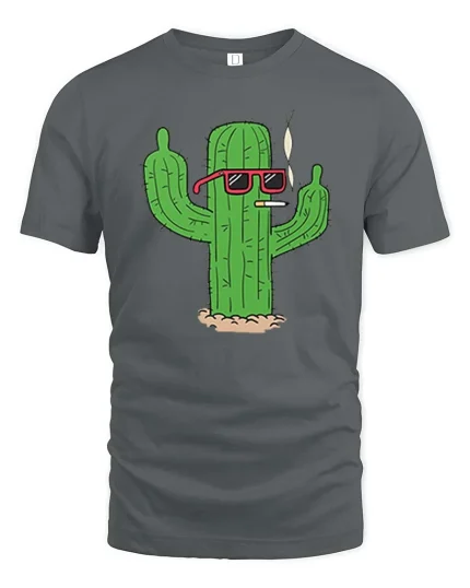 Cool Smoking Cactus T-Shirt Funny Desert Cartoon Graphic Tee - gray t-shirt on white background
