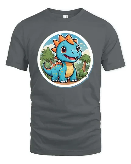 Cute Baby Dinosaur T-Shirt Cartoon Dino Jungle Graphic Tee - gray t-shirt on white background