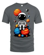 Cute Astronaut Sitting on Planets T-Shirt Space Graphic Tee - gray t-shirt on white background