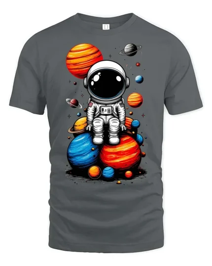 Cute Astronaut Sitting on Planets T-Shirt Space Graphic Tee - gray t-shirt on white background