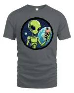 Funny Alien Selfie T-Shirt UFO Space Humor Graphic Tee - gray t-shirt on white background