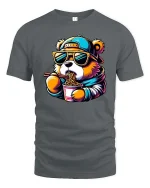 Funny Bear Eating Ramen T-Shirt Cool Panda Noodles Graphic - gray t-shirt on white background