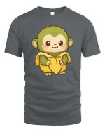 Cute Monkey Banana T-Shirt Funny Cartoon Animal Graphic Tee - gray t-shirt on white background