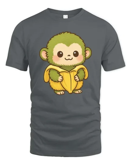 Cute Monkey Banana T-Shirt Funny Cartoon Animal Graphic Tee - gray t-shirt on white background