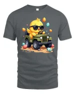 Cute Chick Driving Jeep T-Shirt Funny Easter Cartoon Graphic - gray t-shirt on white background