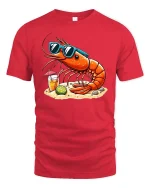 Cool Shrimp Beach T-Shirt Funny Summer Seafood Graphic Tee - red t-shirt on white background