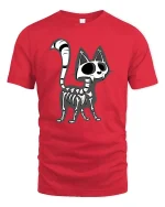 Funny Skeleton Cat T-Shirt Cute Gothic Halloween Graphic - red t-shirt on white background