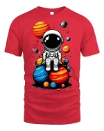 Cute Astronaut Sitting on Planets T-Shirt Space Graphic Tee - red t-shirt on white background