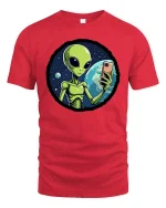 Funny Alien Selfie T-Shirt UFO Space Humor Graphic Tee - red t-shirt on white background