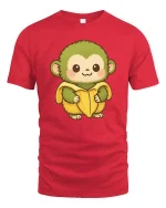 Cute Monkey Banana T-Shirt Funny Cartoon Animal Graphic Tee - red t-shirt on white background