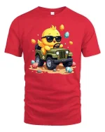 Cute Chick Driving Jeep T-Shirt Funny Easter Cartoon Graphic - red t-shirt on white background
