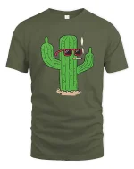 Cool Smoking Cactus T-Shirt Funny Desert Cartoon Graphic Tee - military green t-shirt on white background