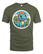 Cute Baby Dinosaur T-Shirt Cartoon Dino Jungle Graphic Tee - military green t-shirt on white background