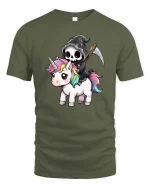 Funny Grim Reaper Unicorn T-Shirt Cute Dark Fantasy Tee - military green t-shirt on white background