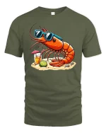 Cool Shrimp Beach T-Shirt Funny Summer Seafood Graphic Tee - military green t-shirt on white background