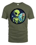 Funny Alien Selfie T-Shirt UFO Space Humor Graphic Tee - military green t-shirt on white background