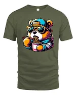 Funny Bear Eating Ramen T-Shirt Cool Panda Noodles Graphic - military green t-shirt on white background