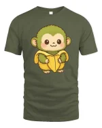 Cute Monkey Banana T-Shirt Funny Cartoon Animal Graphic Tee - military green t-shirt on white background