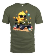 Cute Chick Driving Jeep T-Shirt Funny Easter Cartoon Graphic - military green t-shirt on white background