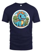 Cute Baby Dinosaur T-Shirt Cartoon Dino Jungle Graphic Tee - navy t-shirt on white background